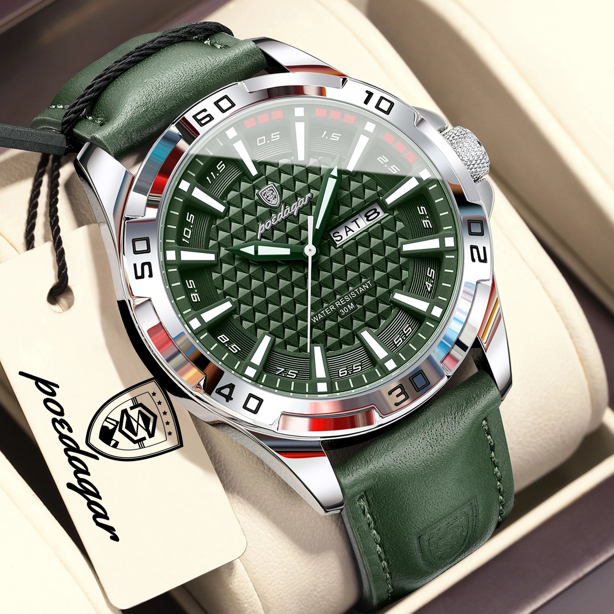 POEDAGAR Top Casual Sports Men Watch Waterproof Luminous Date Week Fashion Watch For Man Leather Classic Men's Quartz Wristwatch