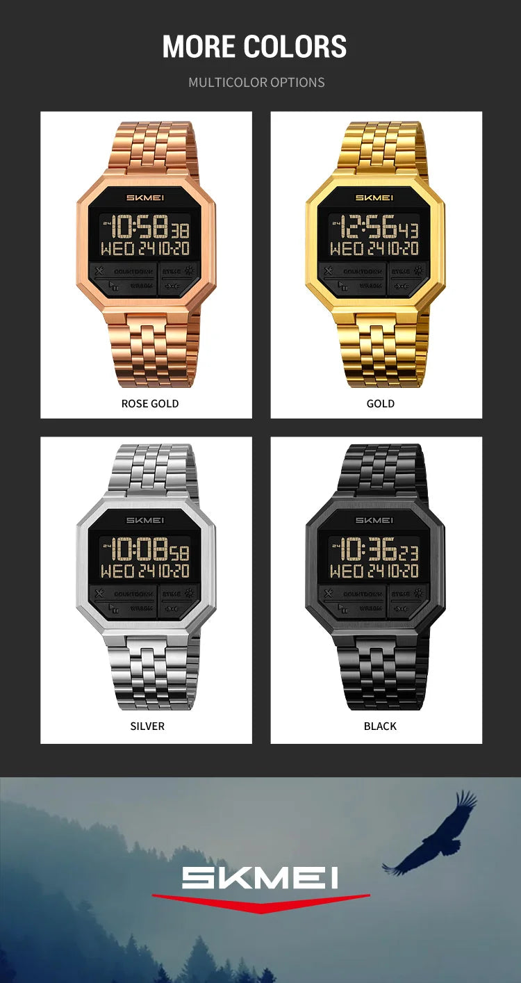 Skmei Luxury Steel Strap Digital Watches for Mens LED Light 50M Waterproof Fashion Sports Dual Time with Alarm Clock