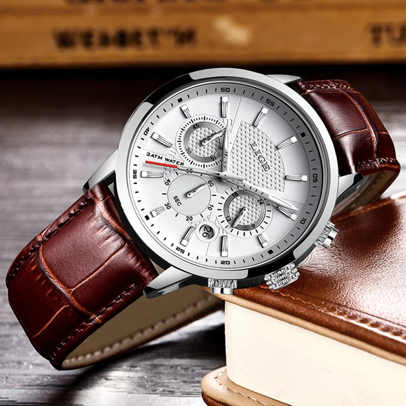 LIGE New Brown Leather Watch for Men Fashion Top Brand Luxury Men's Quartz Wristwatches Casual Waterproof Luminous Chronograph