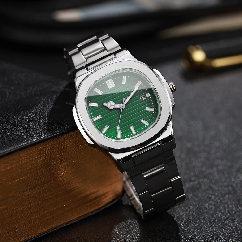 Men Fashion Wristwatches Business Square Dial Stainless Steel Strap Quartz Watch with Calendar For Mens Clock（Without Box）