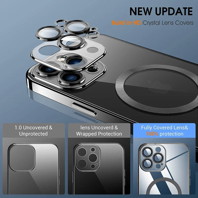 Luxury Plating For Magsafe Case For iPhone 16 15 14 13 12 11 Pro Max Wireless Charge Magnetic Cover With Camera Lens Protector