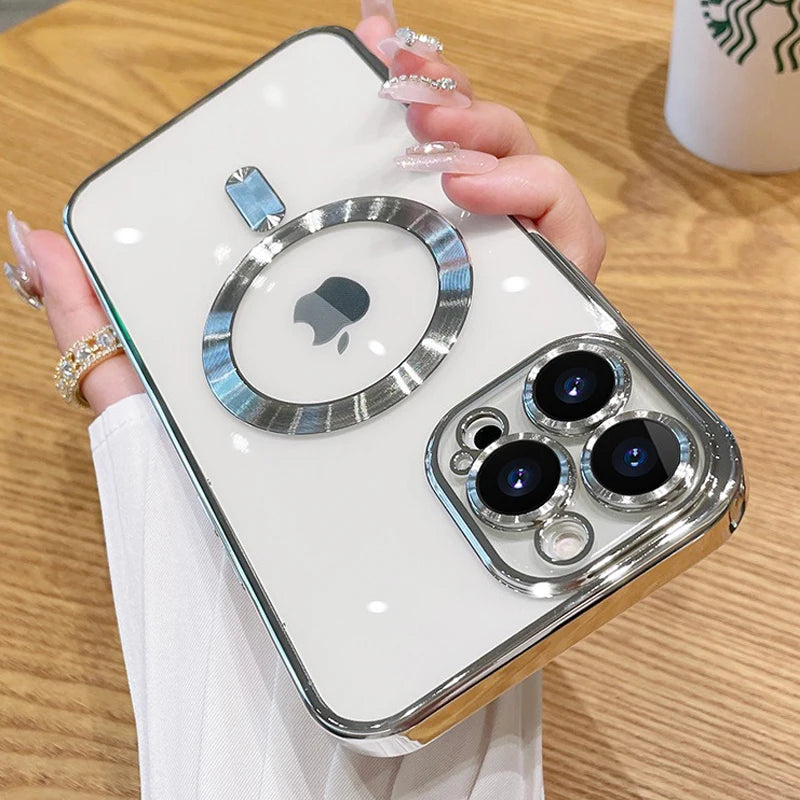 Magnetic Plating Case For iPhone 15 16 14 Plus 13 12 11 Pro Max E Camera Lens Protector Glass For Magsafe Wireless Charger Cover