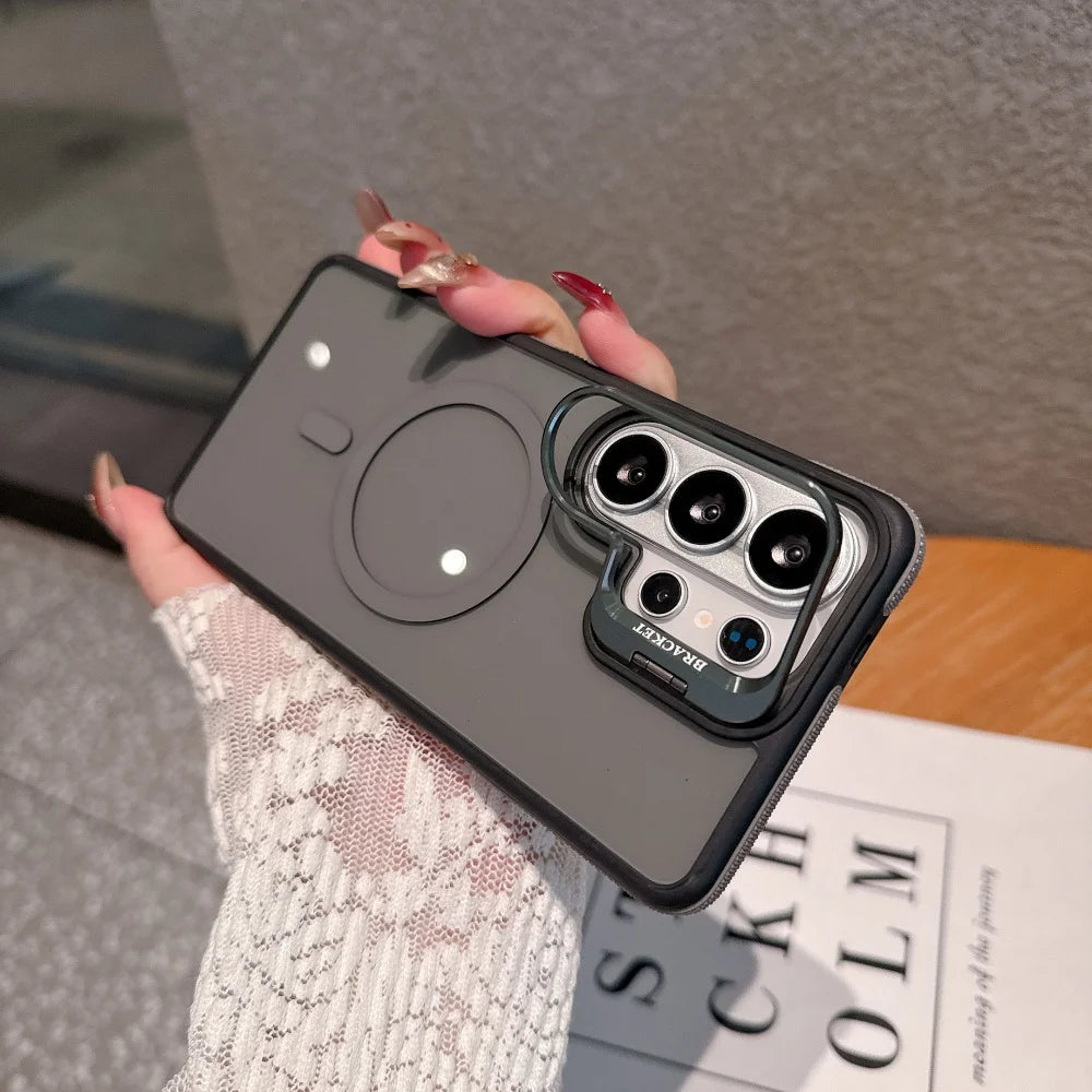 Flip Metal Lens Holder Case for Samsung Galaxy S26 Ultra S25 S22 S24 S23 Ultra FE S26 Edge Plus Magnetic Wireless Charging Cover