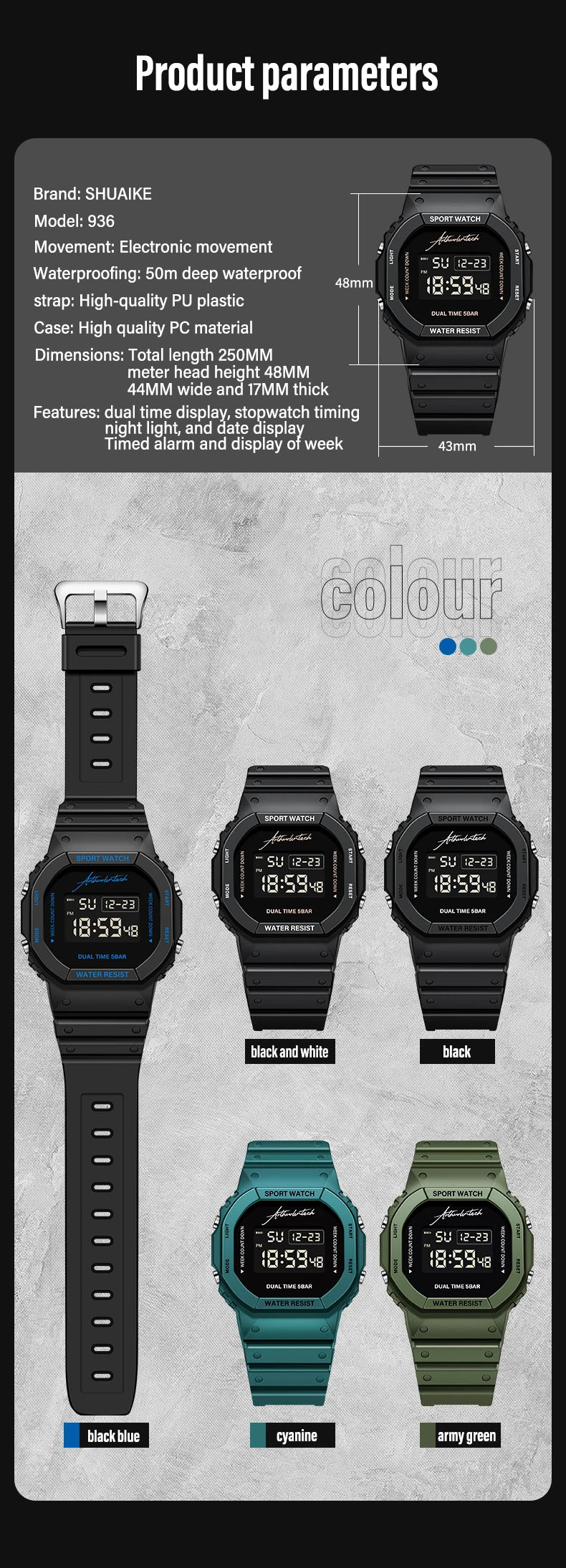 Military Digital Watch for Men Sports Waterproof Shockproof Mens Wristwatches LED Didplay Alarm Clock Reloj Hombre