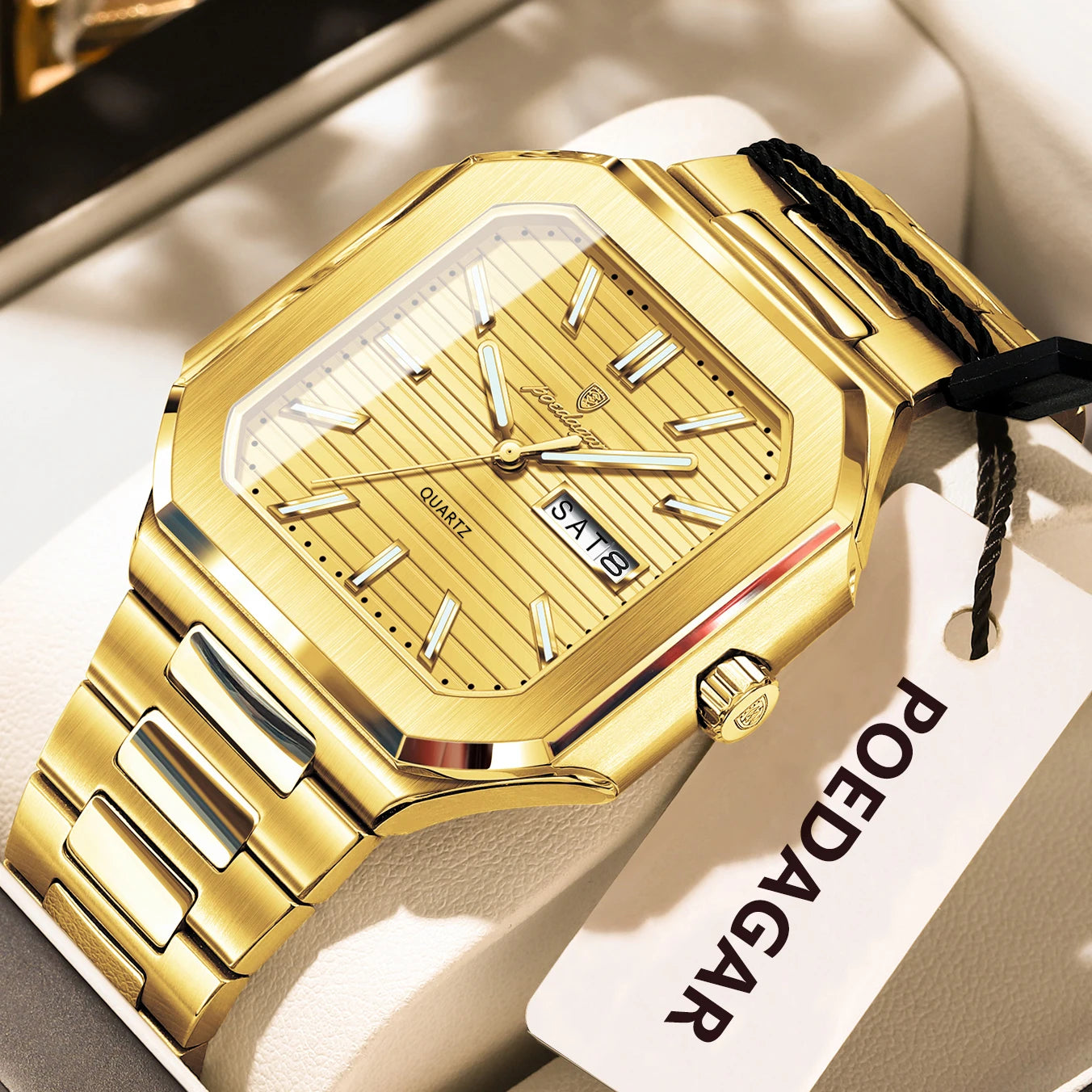 POEDAGAR Luxury Square Male Watch Waterproof Luminous Date Week Quartz Watches For Men Stainless Steel Fashion Men's Clock Reloj