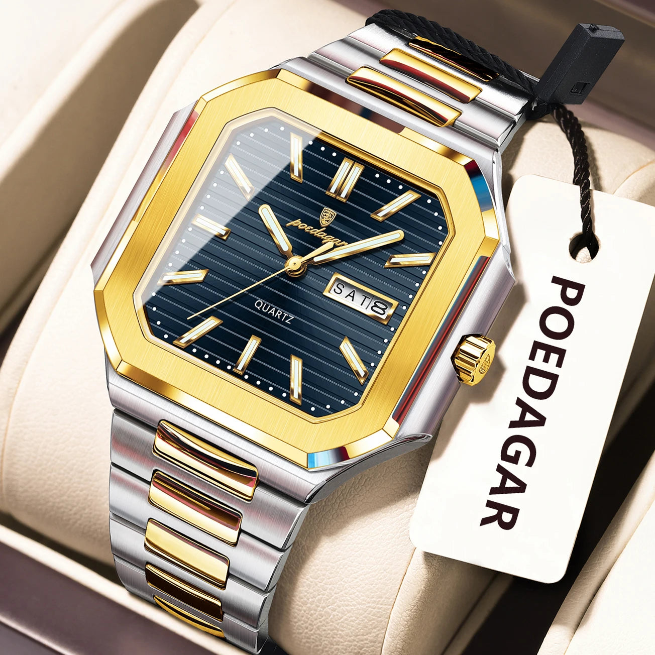 POEDAGAR Top Luxury Brand Male Watch Waterproof Luminous Date Week Quartz Men's Watches Stainless Steel Fashion Square Men Watch
