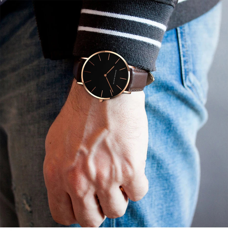 HANNAH MARTIN Brand Japan Quartz Movement Men's Waterproof Wrist Watches Fashion Luxury Ultra Thin Leather Creative Male Watches