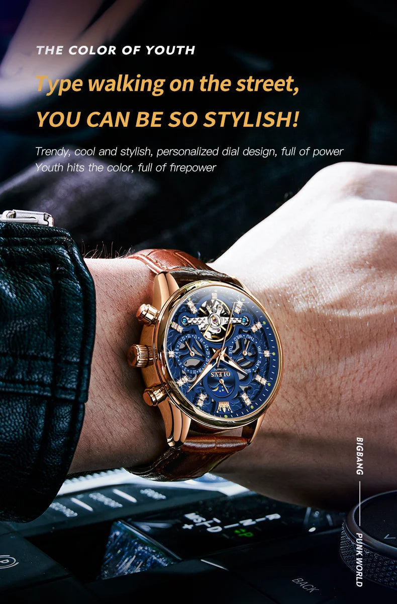 OLEVS 6658 Mens Watch Business Leather Strap Reloj  Hollow out Mechanical Automatic Wristwatch Waterproof Luminous Watch For Man