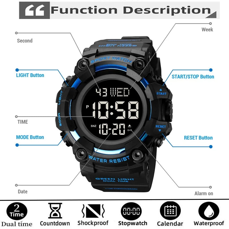 Skmei Luxury Fashion Sports Watches Men Waterproof Stopwatch Dual Time Digital Wristwatch Big Dial Clock Reloj Hombre