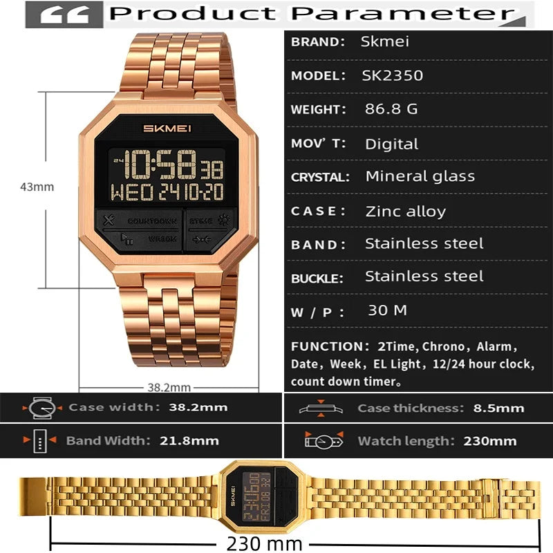 Skmei Luxury Steel Strap Digital Watches for Mens LED Light 50M Waterproof Fashion Sports Dual Time with Alarm Clock
