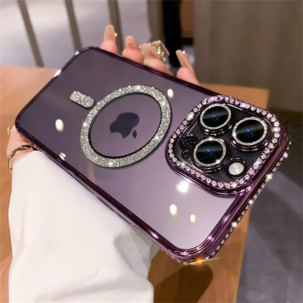 New Fashion Glitter Diamond Transparent Case For iPhone 17 16 15 14 13 11 12 Pro Max Funda Magnetic Wireless Charge Bumper Cover