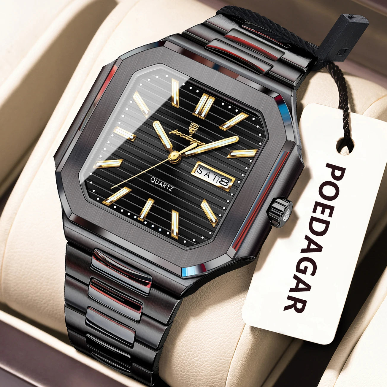 POEDAGAR Top Luxury Brand Male Watch Waterproof Luminous Date Week Quartz Men's Watches Stainless Steel Fashion Square Men Watch