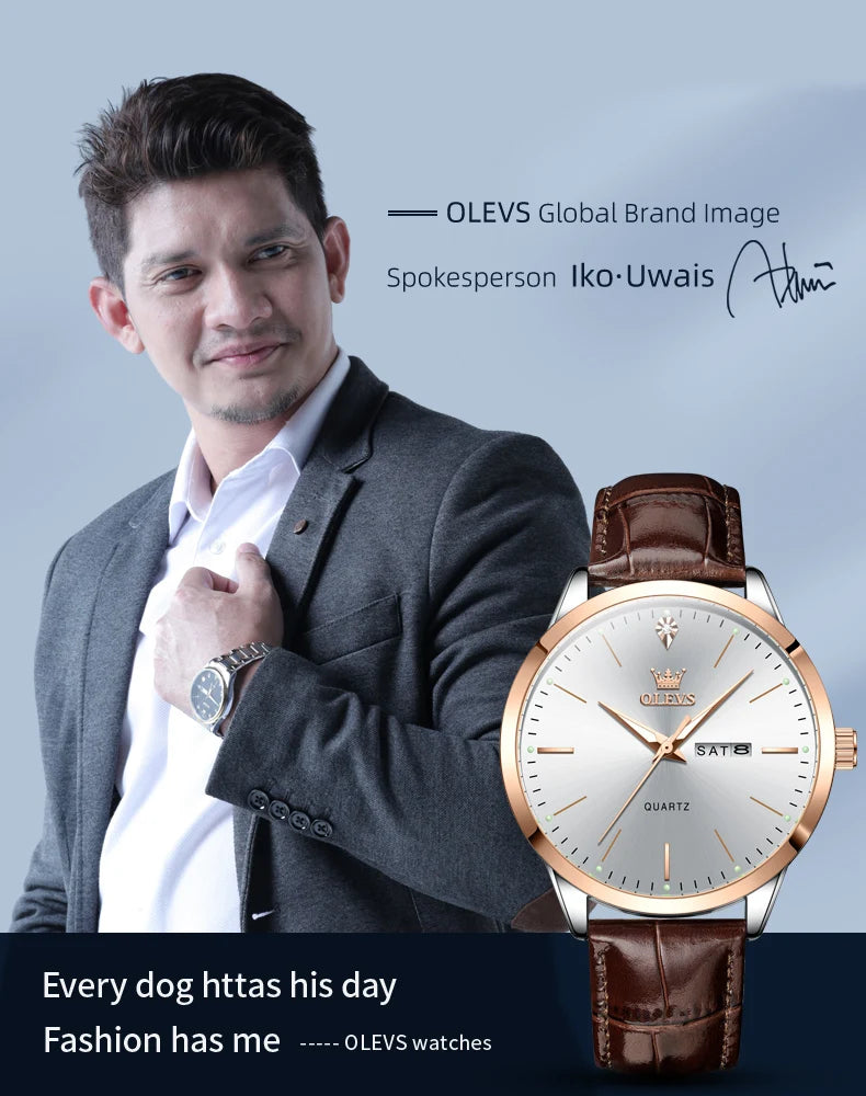 OLEVS Men's Watch Brand Business Waterproof Luminous Week Date Quartz Watch Fashion Leather Strap Classic Luxury Men's Watch