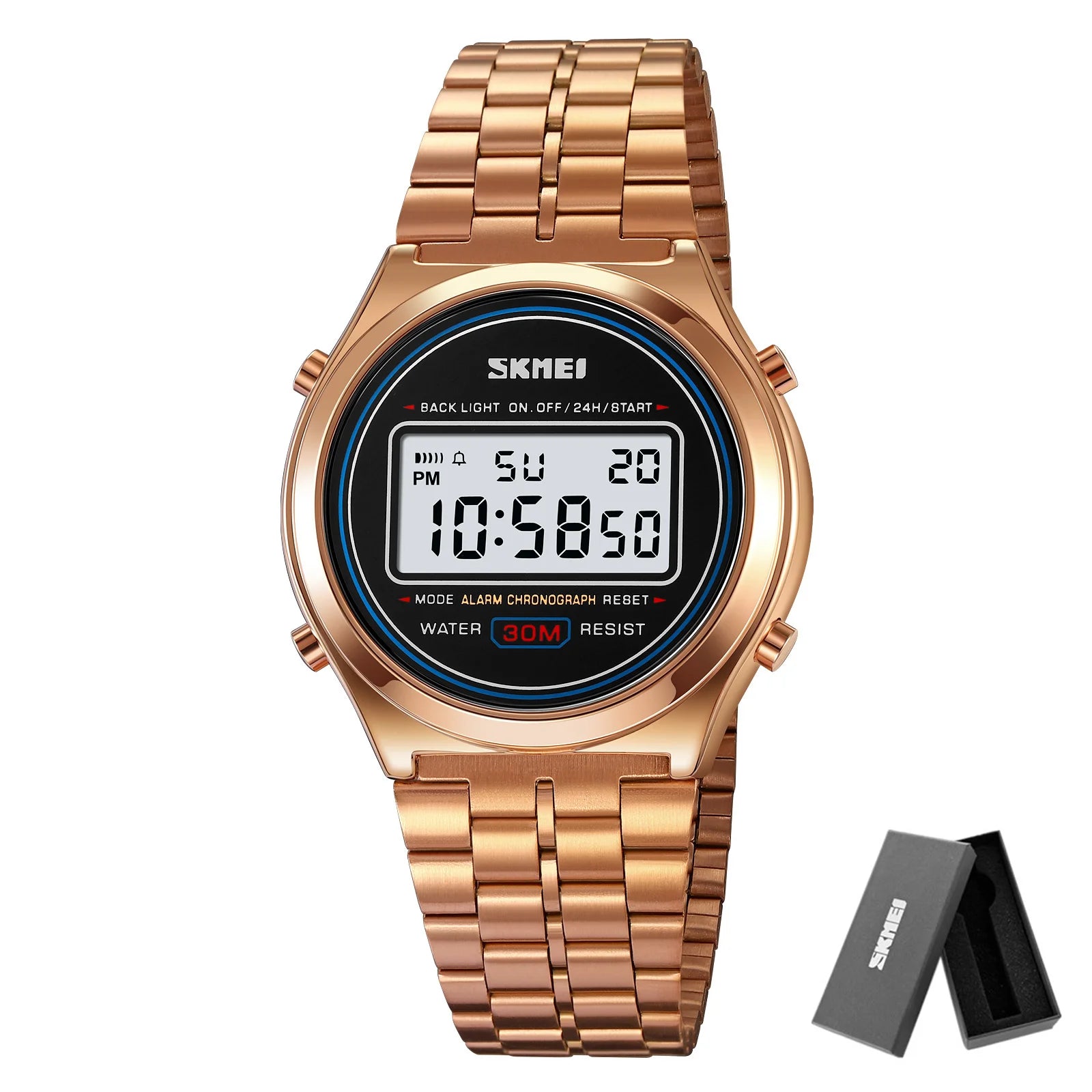 SKMEI 2146  Stainless Steel Men Waterproof Date Alarm Wriswatch reloj hombre Back Light Display Stopwatch Digital Sport Watches
