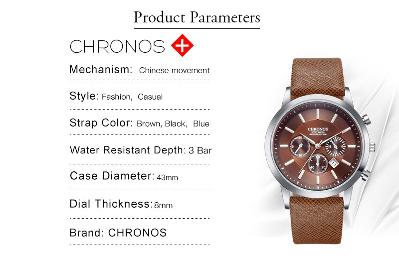 CHRONOS Mens Watches Male Sport Business Quartz Wristwatch  Dress Leather Clock Causal Military Timepiece Relogio Masculino