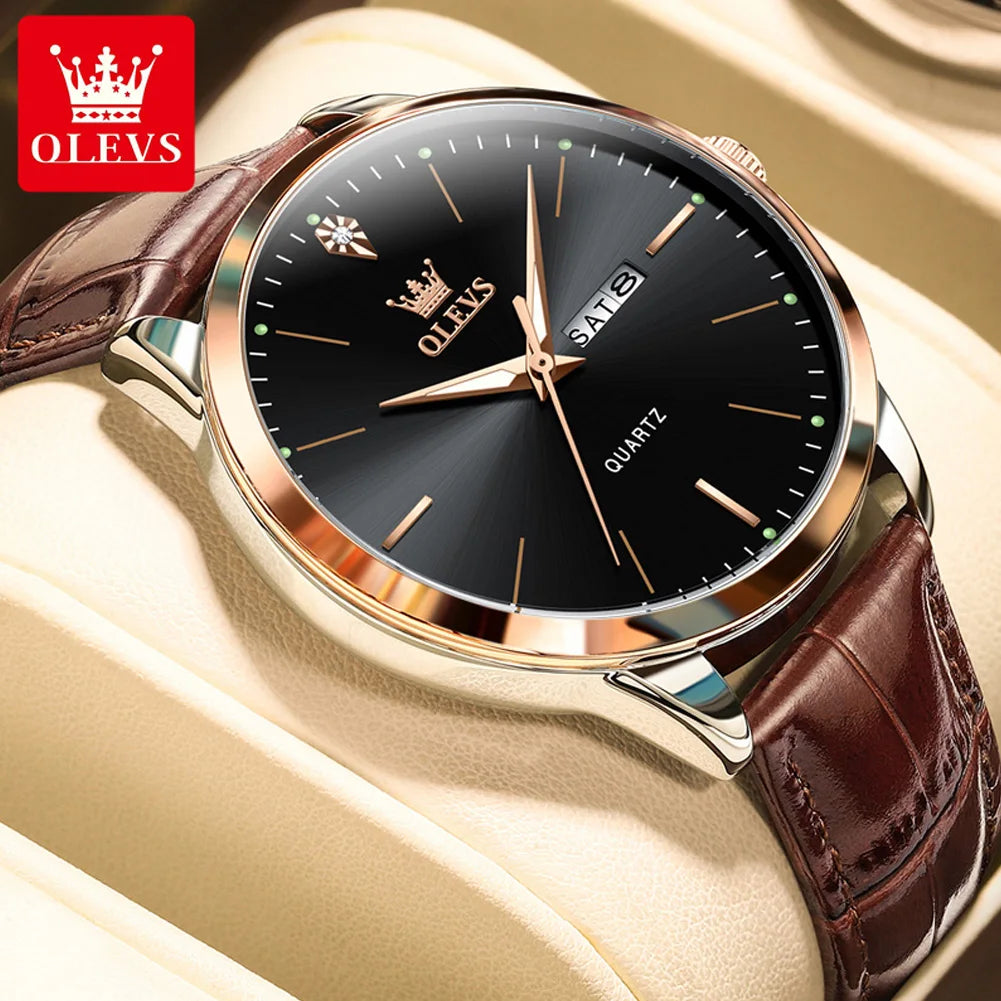 OLEVS Men's Watch Brand Business Waterproof Luminous Week Date Quartz Watch Fashion Leather Strap Classic Luxury Men's Watch
