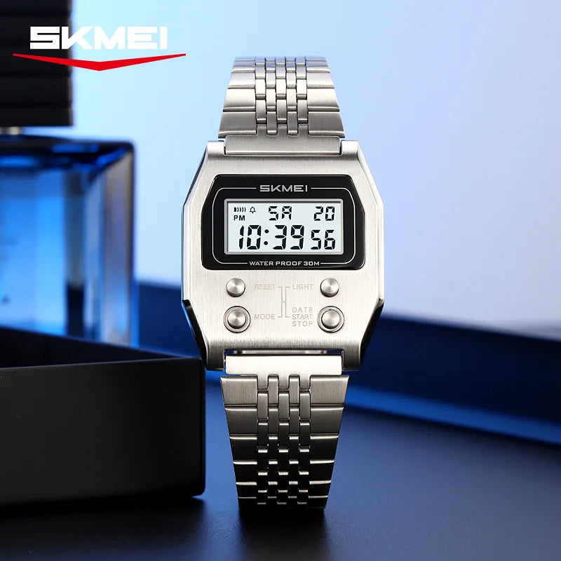 SKMEI 2460 Fashion Brand Men's Electronic Watch Multifunction Luminous Calendar Waterproof Steel Strap Sport Men Digital Watches