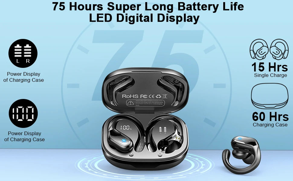 75Hrs Bluetooth 5.3 Earphones IP7 Waterproof Wireless Headphones with ENC Noise Cancelling Mic Deep Bass For Sports Workout Gym