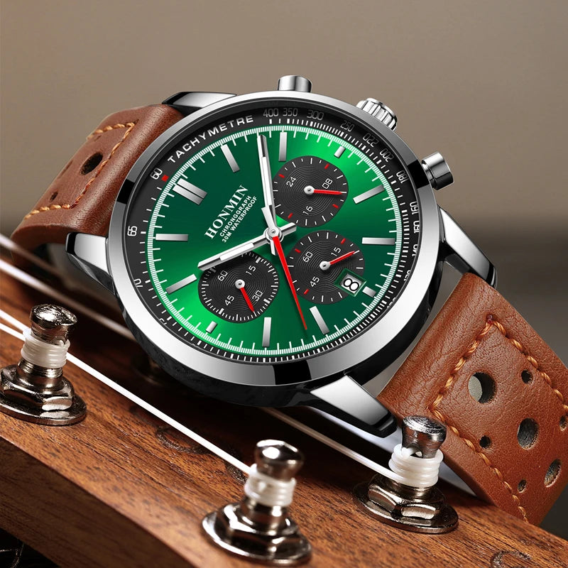 HONMIN Man Luxury Watch High Quality Waterproof Chronograph Luminous Men's Wristwatch Leather Men Quartz Watches Casual Clock