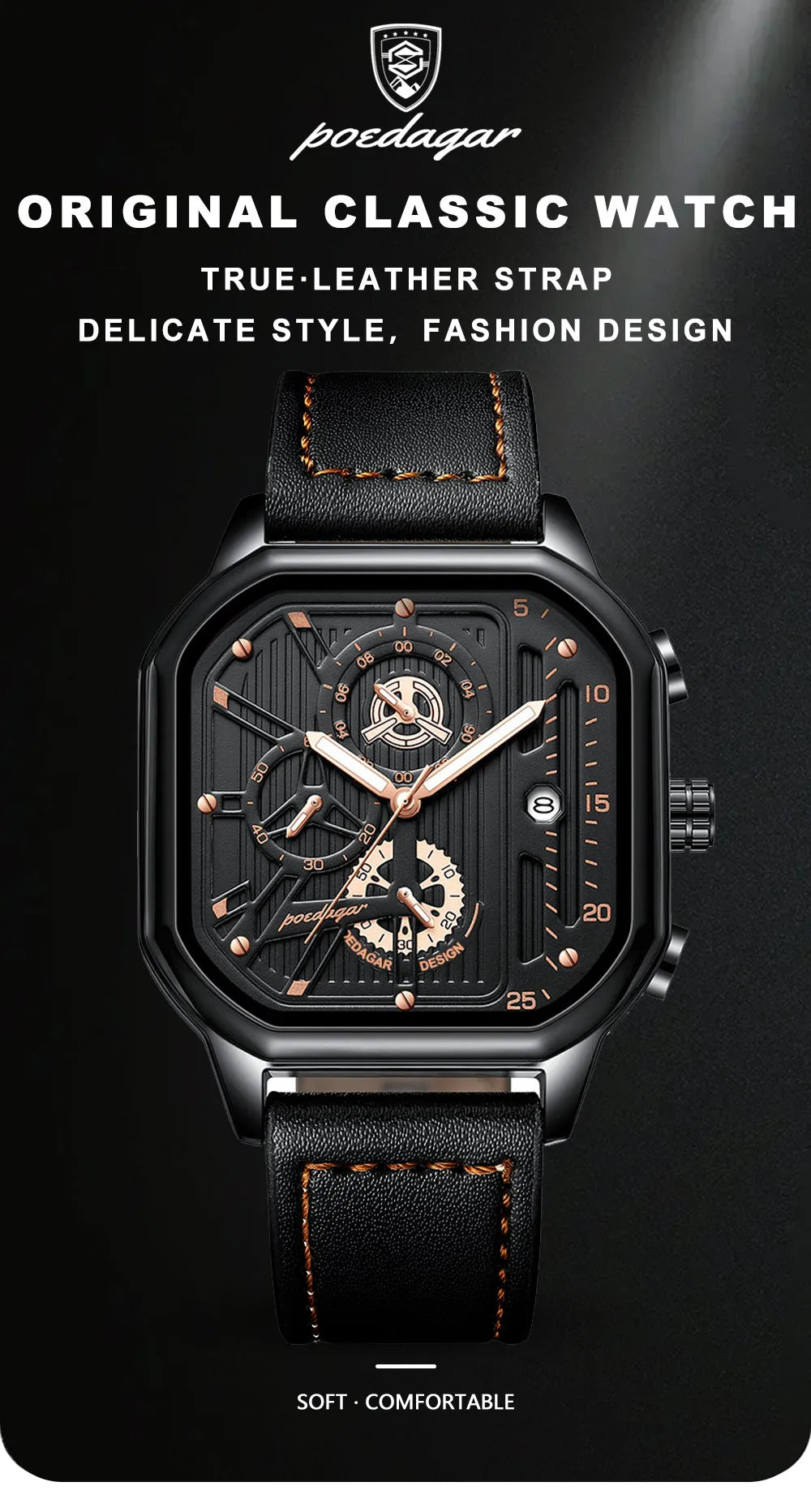 POEDAGAR New Luxury Casual Men's Quartz Watch Chronograph Date Waterproof Luminous Leather Man Watches Military Sports Men Watch