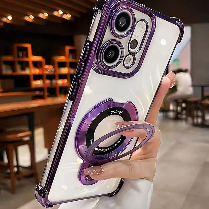 For OPPO Reno 14 13 12 11 Reno14 Reno13 F Pro 13F 14F 12F Case Magnetic Bracket Holder Plating Soft Transparent Shockproof Cover