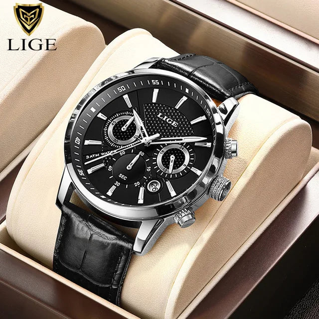 LIGE New Brown Leather Watch for Men Fashion Top Brand Luxury Men's Quartz Wristwatches Casual Waterproof Luminous Chronograph