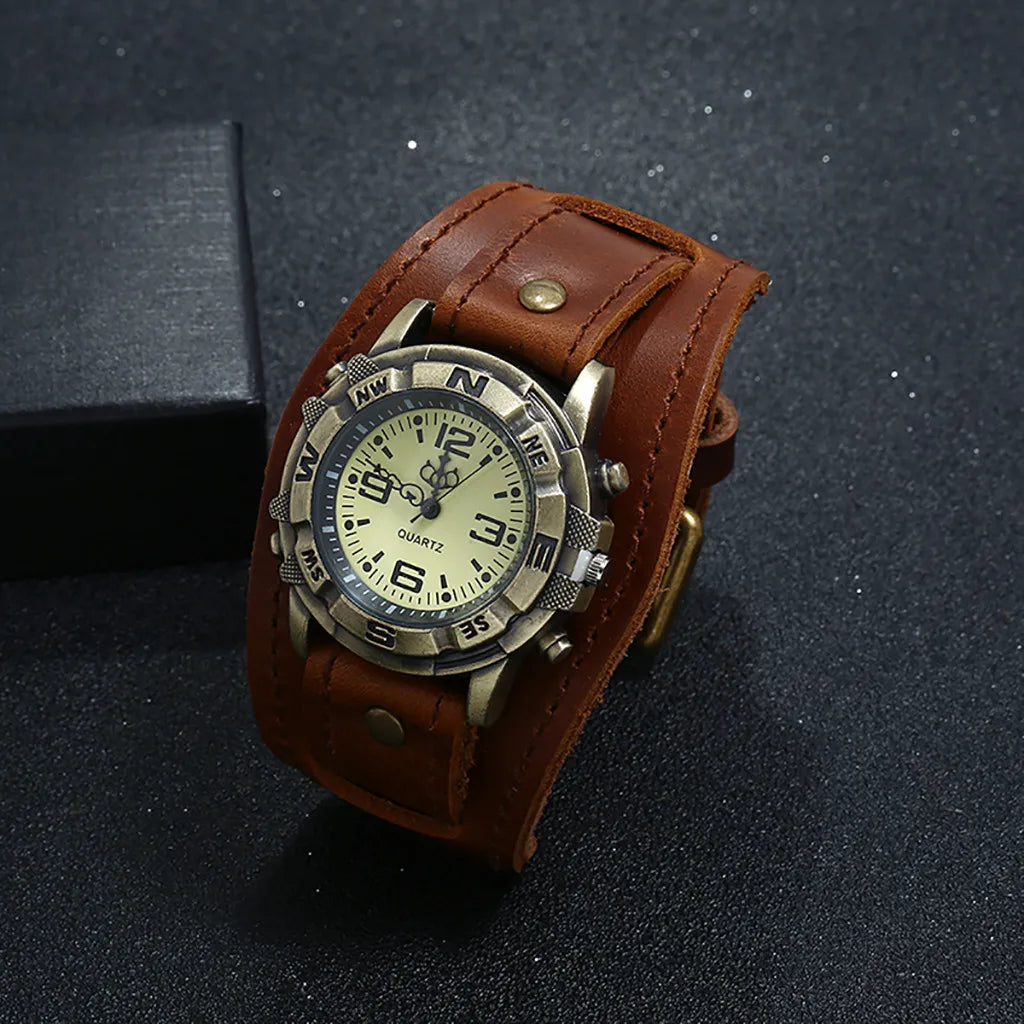 Vintage Men Wristwatch Fashion Pin Buckle Leather Strap Watches Punk Casual Quartz Wrist Watch Creative Gifts Reloj Hombre