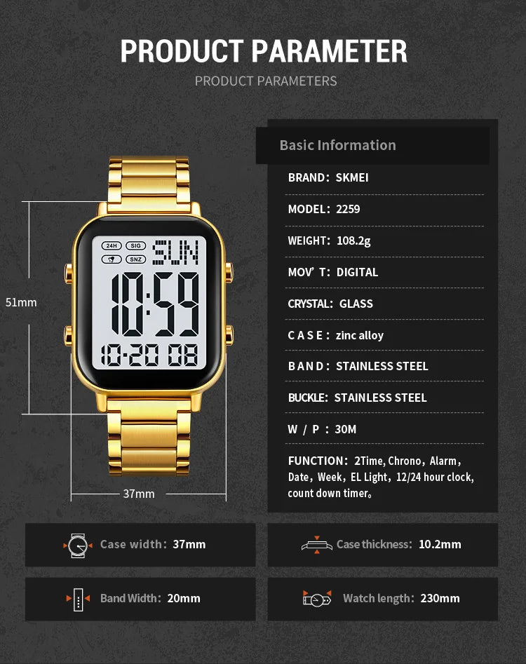 Skmei Men Digital Watches Luxury Stainless Steel Strap Dual Time Zone Man Sports Bracelet Watch 30M Waterproof Male Alarm Clock