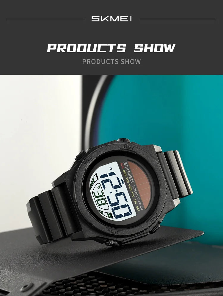 SKMEI Solar Energy Digital Sports Electronic Watches For Men Fashion Casual 5Bar Waterproof Chrono Wristwatch Clock Reloj Hombre