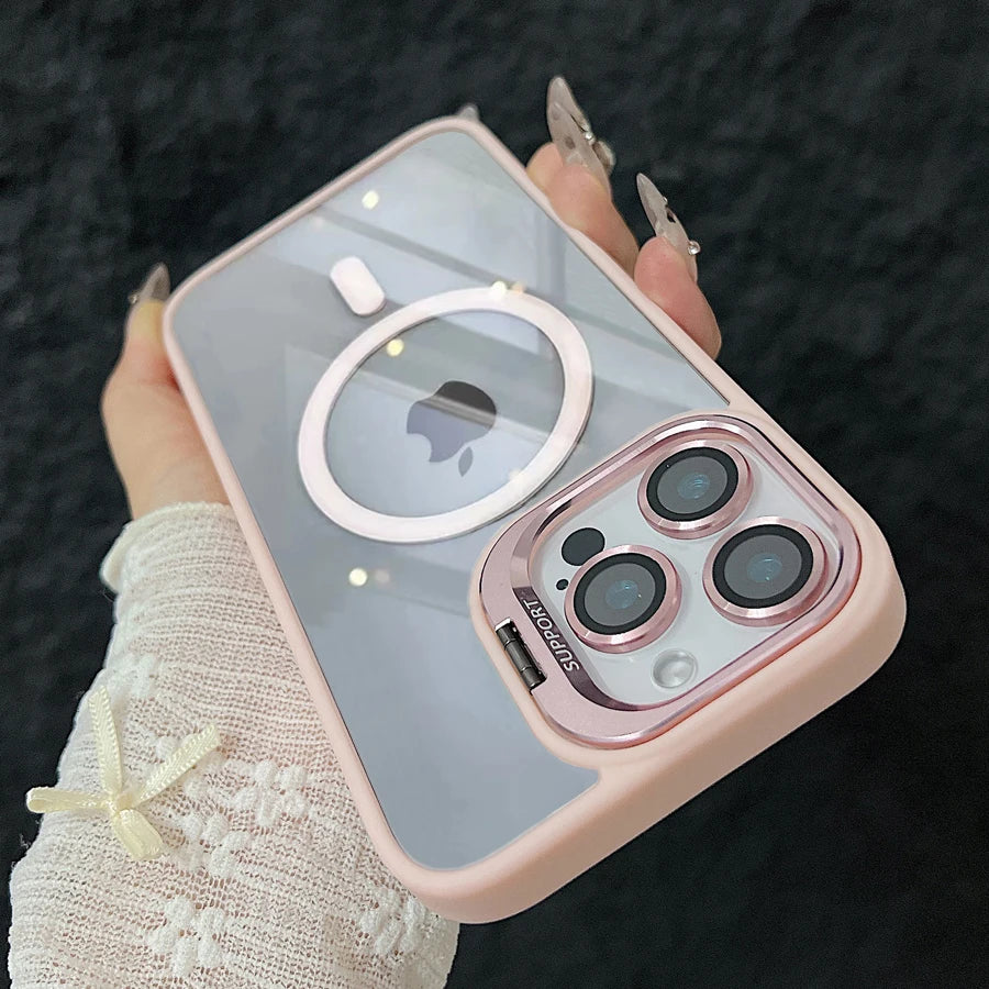 Luxury Magnetic Shockproof Phone Case For iPhone 17 15 16 14 13 12 11 Pro Max For Magsafe Funda Stand Glass Lens Protector Cover