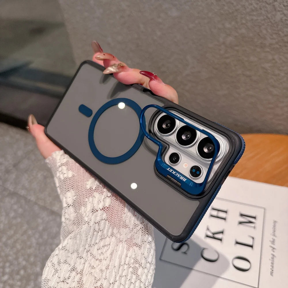 Flip Metal Lens Holder Case for Samsung Galaxy S26 Ultra S25 S22 S24 S23 Ultra FE S26 Edge Plus Magnetic Wireless Charging Cover