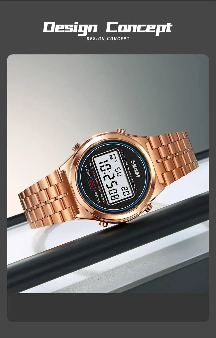 SKMEI 2146  Stainless Steel Men Waterproof Date Alarm Wriswatch reloj hombre Back Light Display Stopwatch Digital Sport Watches