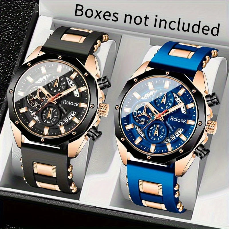 [Fashion Men's Quartz Watch ] 2pcs Casual Sports Men Watch Silicone Strap, Calendar Display, Ideal Men's Valentine's Day,