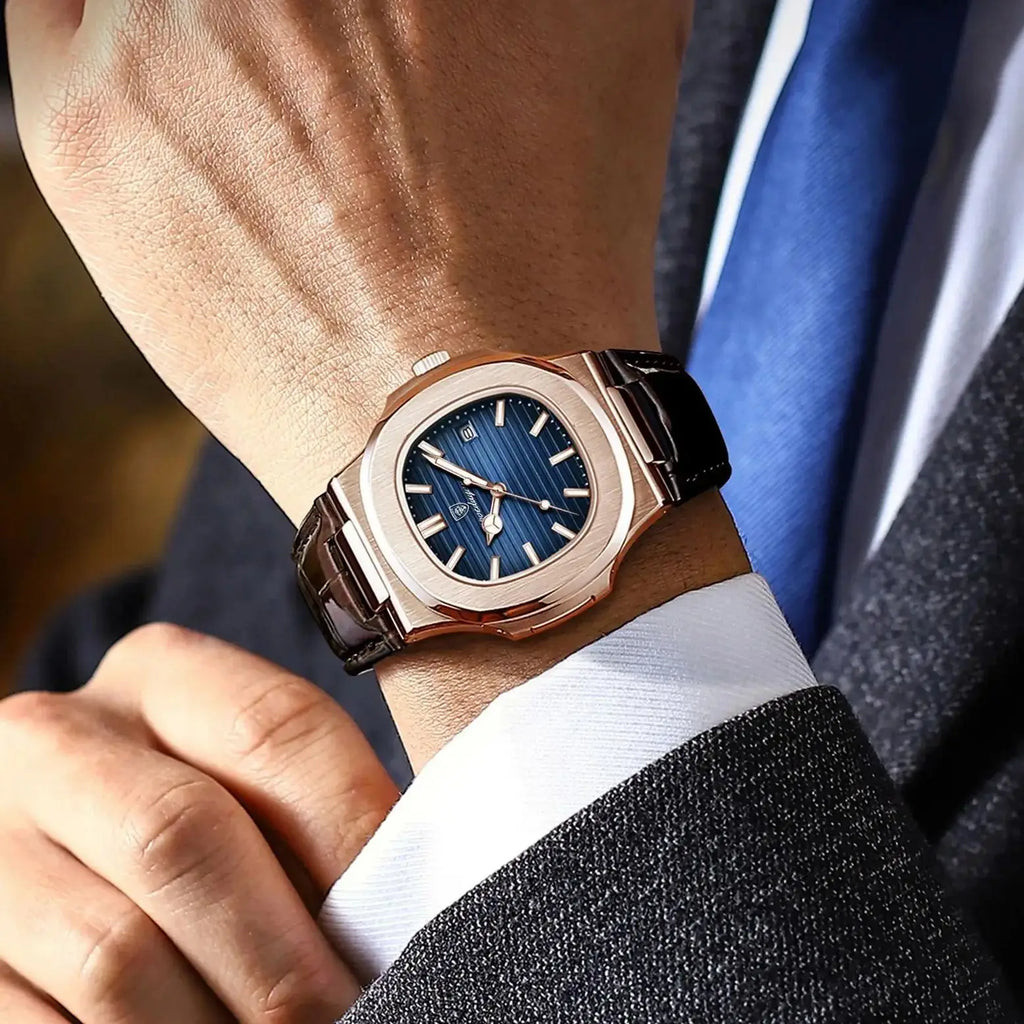 POEDAGAR Business Man Watch Date Waterproof Luminous Leather Classic Watches For Men High Quality Square Quartz Men's Wristwatch