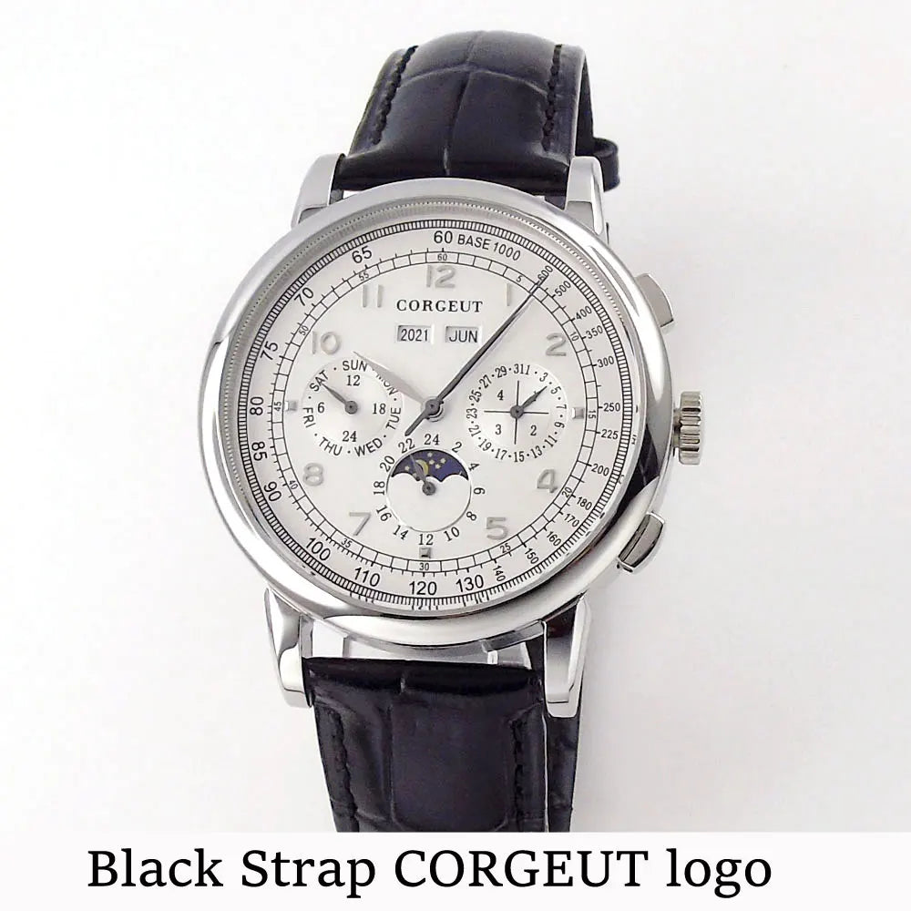 Corgeut 42mm Automatic Men's Watch Date Day Month Year Salmon Dial Multifunction 316L Leather Strap Polished Case Day Night