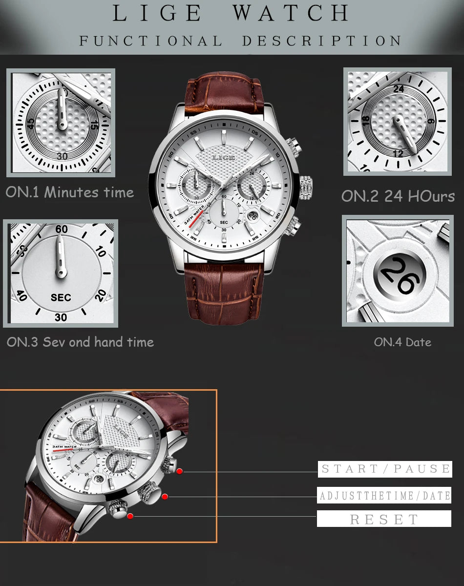 LIGE New Brown Leather Watch for Men Fashion Top Brand Luxury Men's Quartz Wristwatches Casual Waterproof Luminous Chronograph