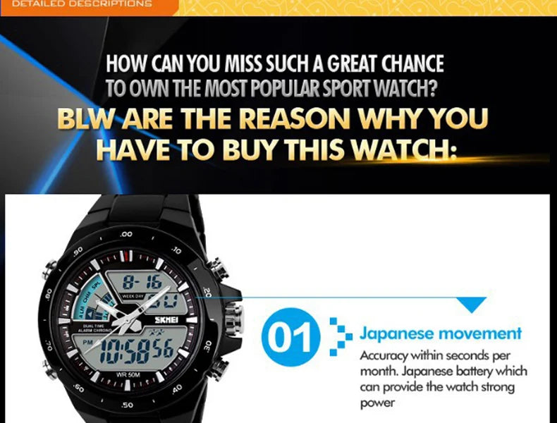 SKMEI 1016 Men Fashion Casual Alarm Clock Waterproof Military Chrono Dual Display Wristwatches Relogio Masculino Sport Watch