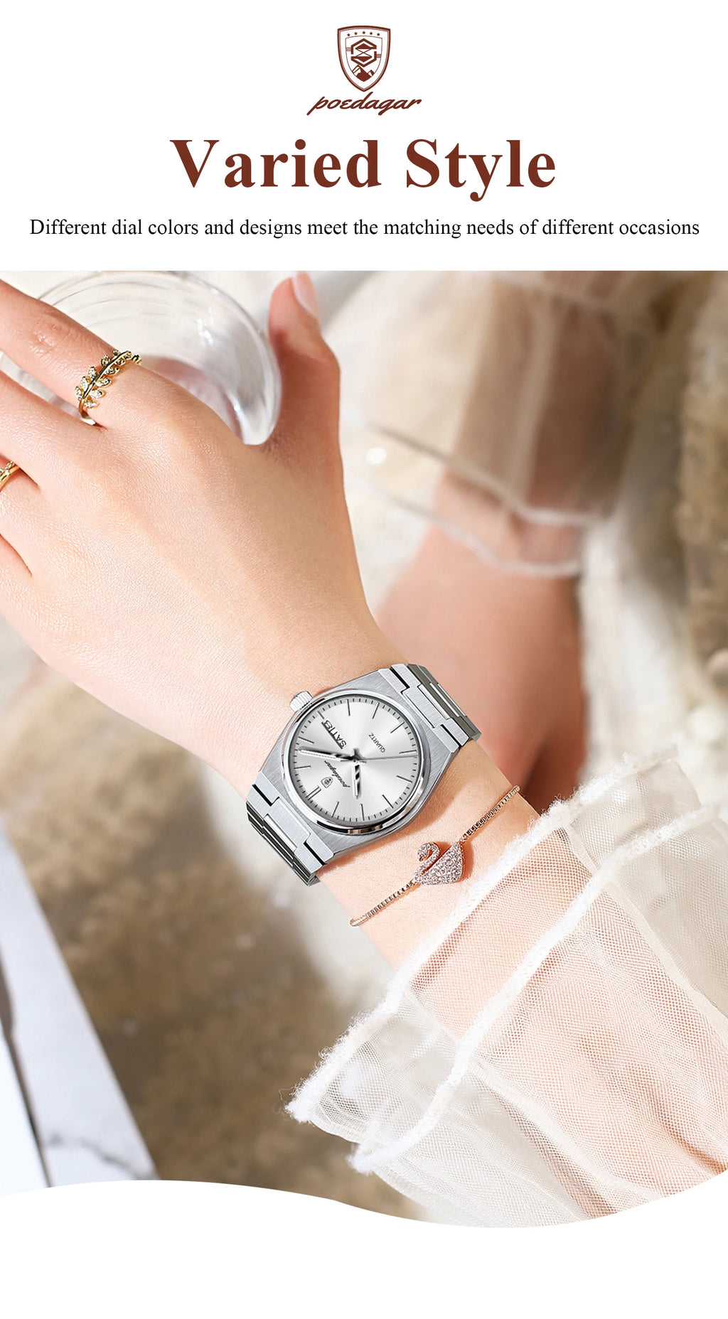 POEDAGAR Original New Woman Watch Stainless Steel Waterproof Luminous Ladies Wristwatch Date Week Elegant Quartz Women's Watches