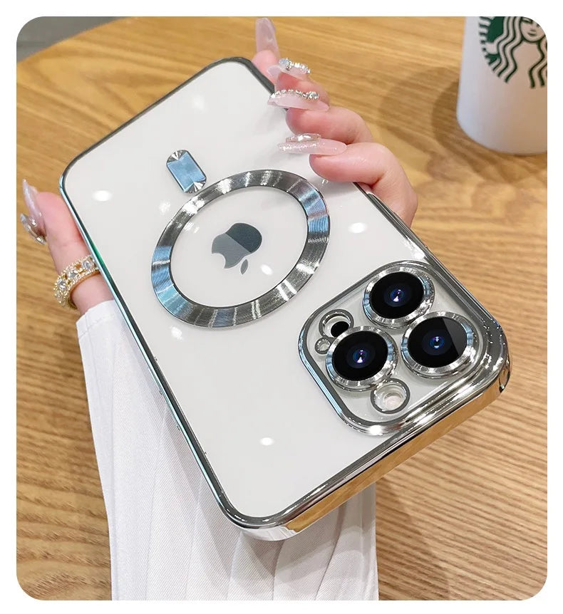 Luxury Plating For Magsafe Case For iPhone 16 15 14 13 12 11 Pro Max Wireless Charge Magnetic Cover With Camera Lens Protector