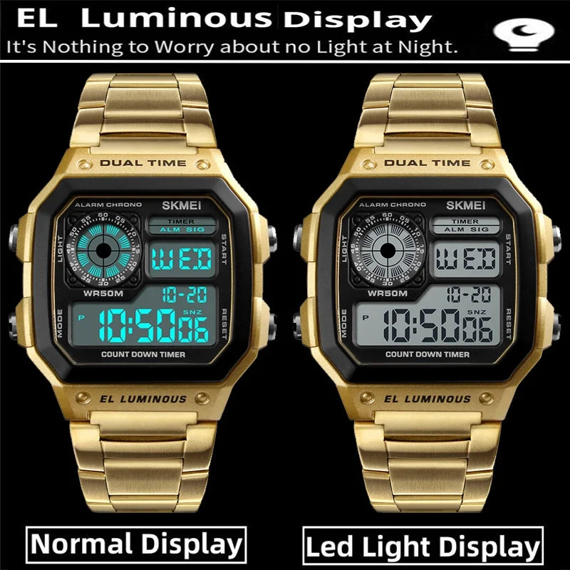 Skmei Dual Time Zone Men's Digital Sports Bracelet Watches Luxury Stainless Steel Band 50M Waterproof Led Chronograph Stop Watch