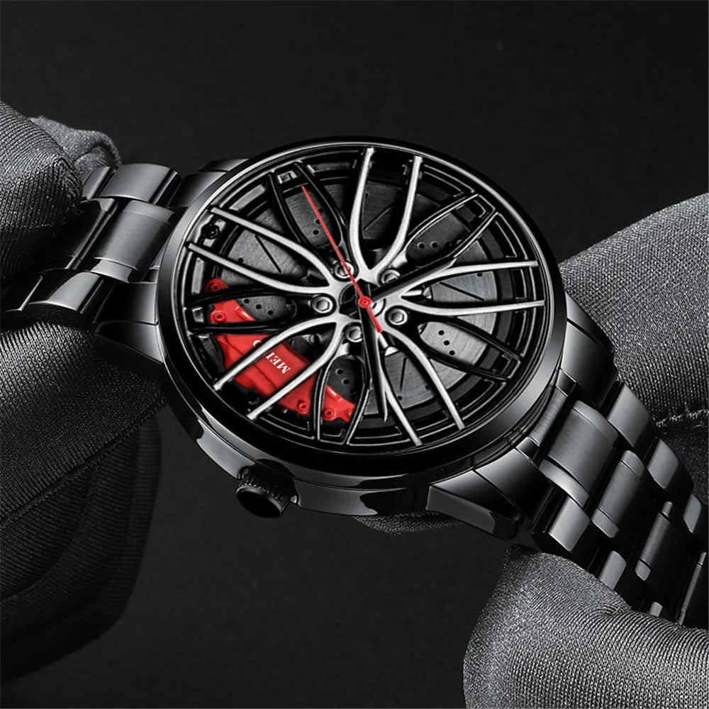 New Fashion Men Leather Watches Men Car Wheel Hub Stainless Steel Quartz Watch For Mens Military Sports Watch Relogio Masculino