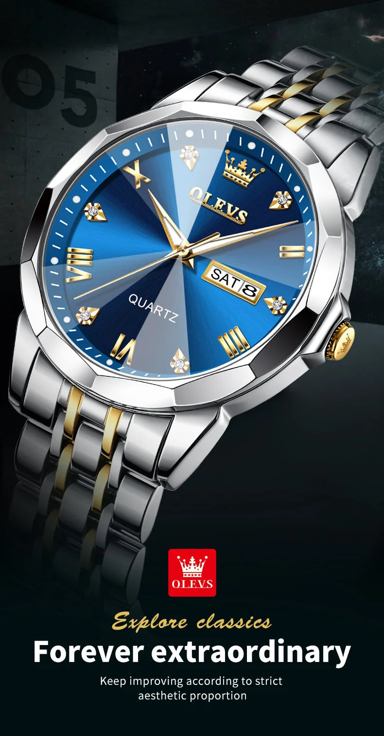 OLEVS Men's Watches Rhombus Mirror Original Quartz Watch for Man Waterproof Luminous Stainless Steel Wristwatch Male Date Week