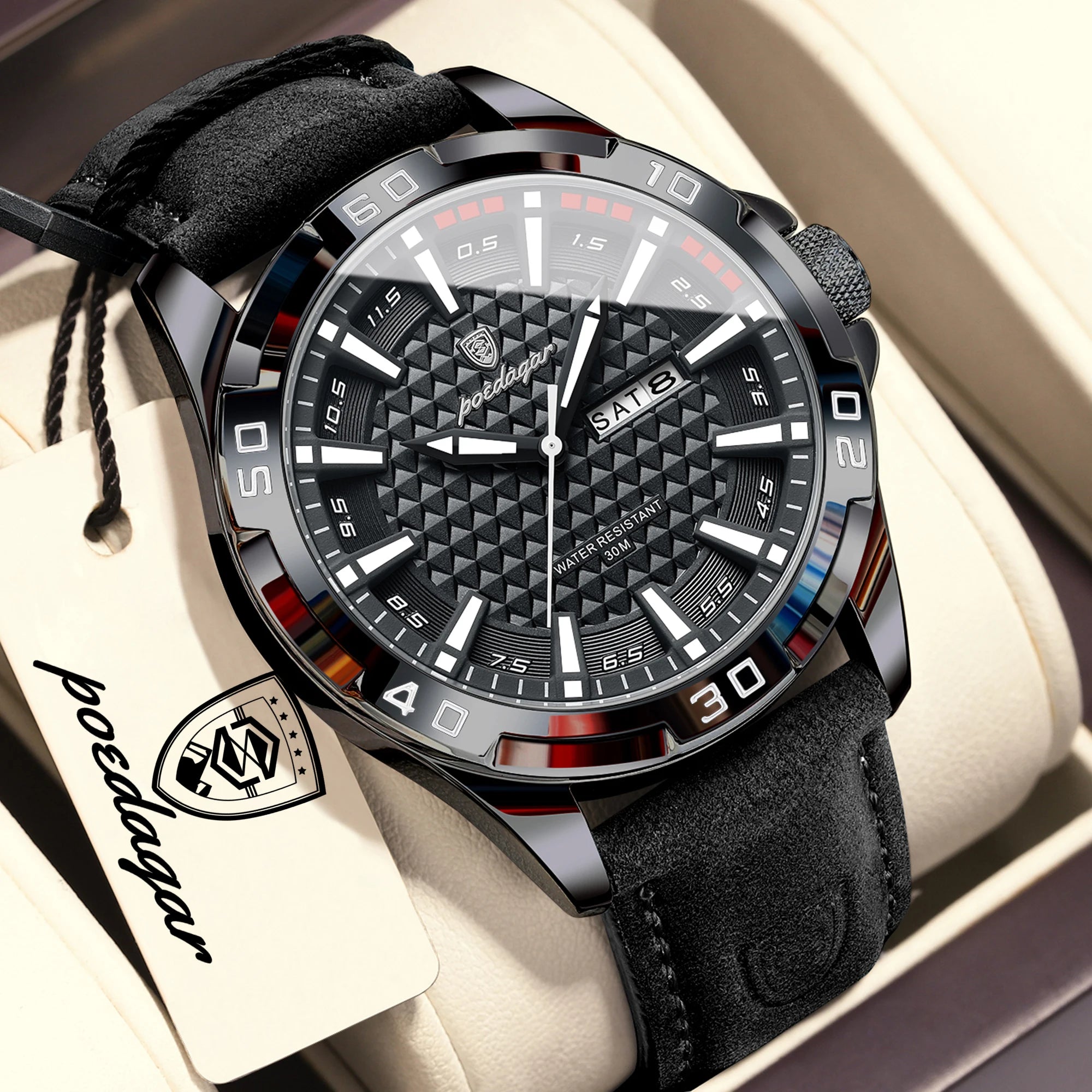 POEDAGAR Top Casual Sports Men Watch Waterproof Luminous Date Week Fashion Watch For Man Leather Classic Men's Quartz Wristwatch