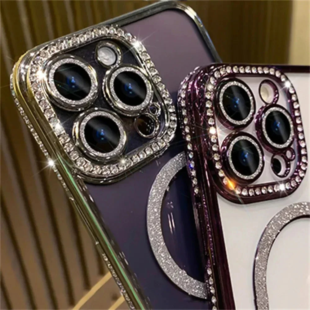 New Fashion Glitter Diamond Transparent Case For iPhone 17 16 15 14 13 11 12 Pro Max Funda Magnetic Wireless Charge Bumper Cover