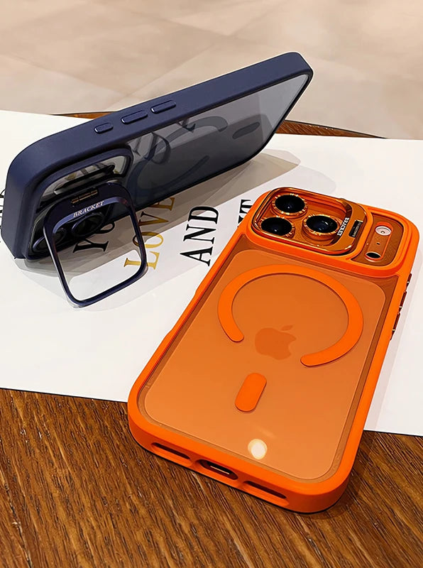 Luxury Matte Translucent Armor Shockproof For Magsafe Bracket Case For iPhone 17 16 15 14 13 12 Pro Max 17 Wireless Charge Cover