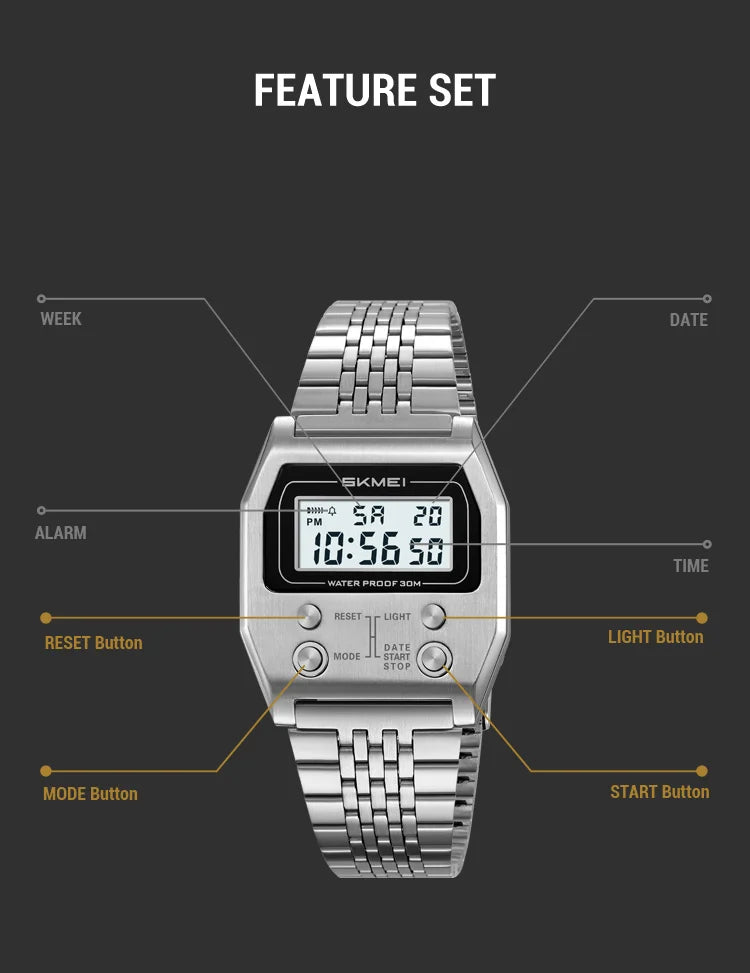 SKMEI 2460 Fashion Brand Men's Electronic Watch Multifunction Luminous Calendar Waterproof Steel Strap Sport Men Digital Watches