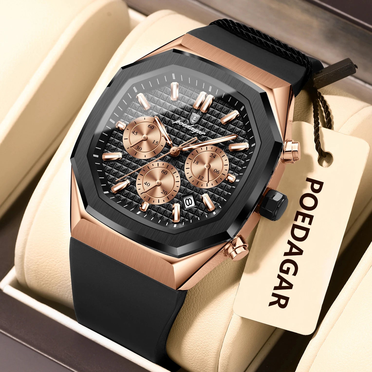 POEDAGAR Business Men's Wristwatch Chronograph Date Silicone Strap Man Watch Waterproof Luminous Military Quartz Watches For Men