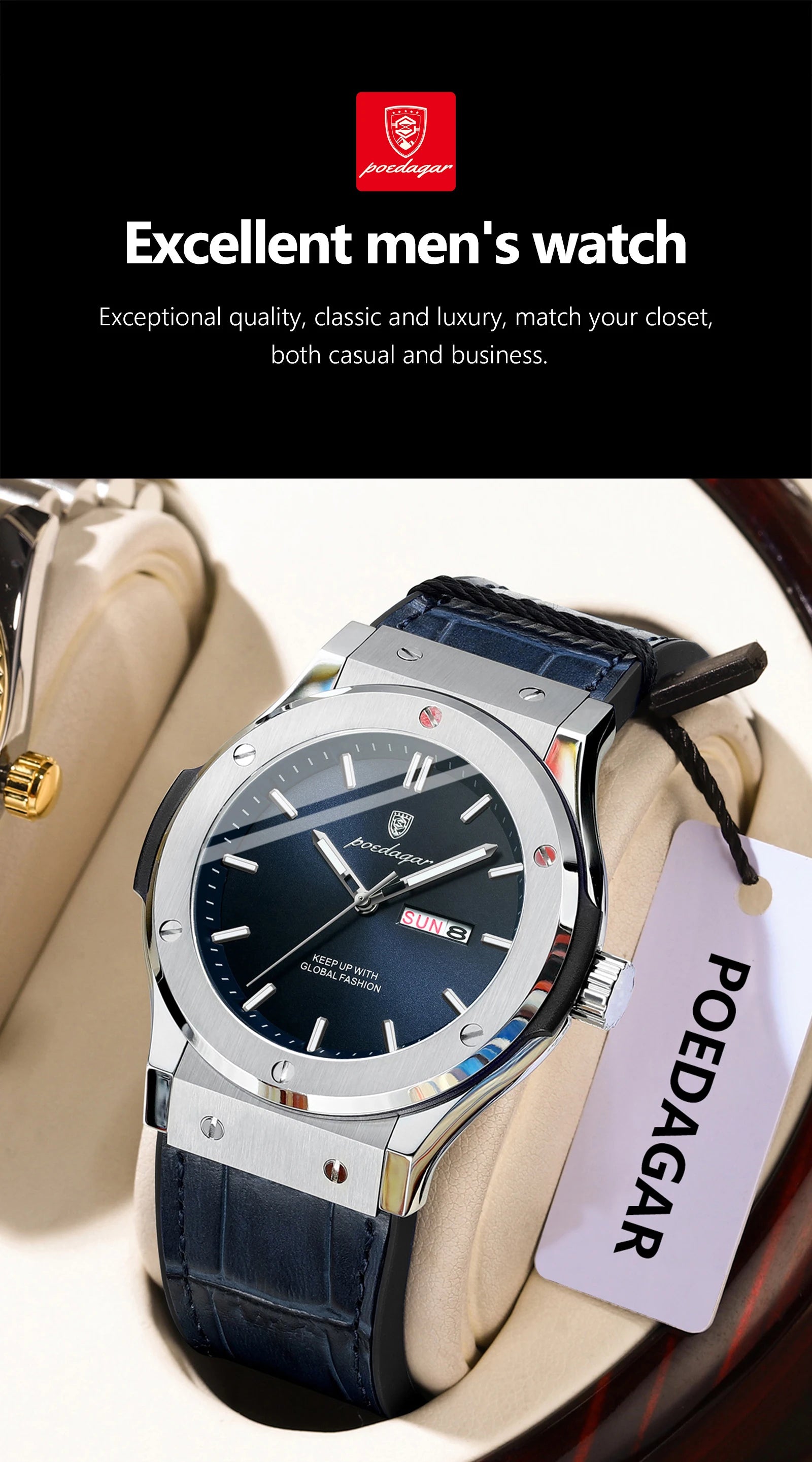 POEDAGAR Luxury Business Watch For Men Waterproof Luminous Date Week Man Wristwatch Silicone Strap Fashion Quartz Men's Watches