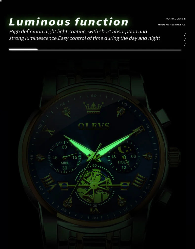 OLEVS 2856 Quartz Watch for Men Flywheel Skeleton Chronograph Moon Phase Multifunctional Stainless steel Men's Wristwatches