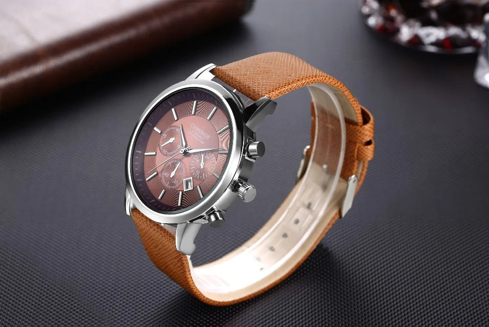 CHRONOS Mens Watches Male Sport Business Quartz Wristwatch  Dress Leather Clock Causal Military Timepiece Relogio Masculino